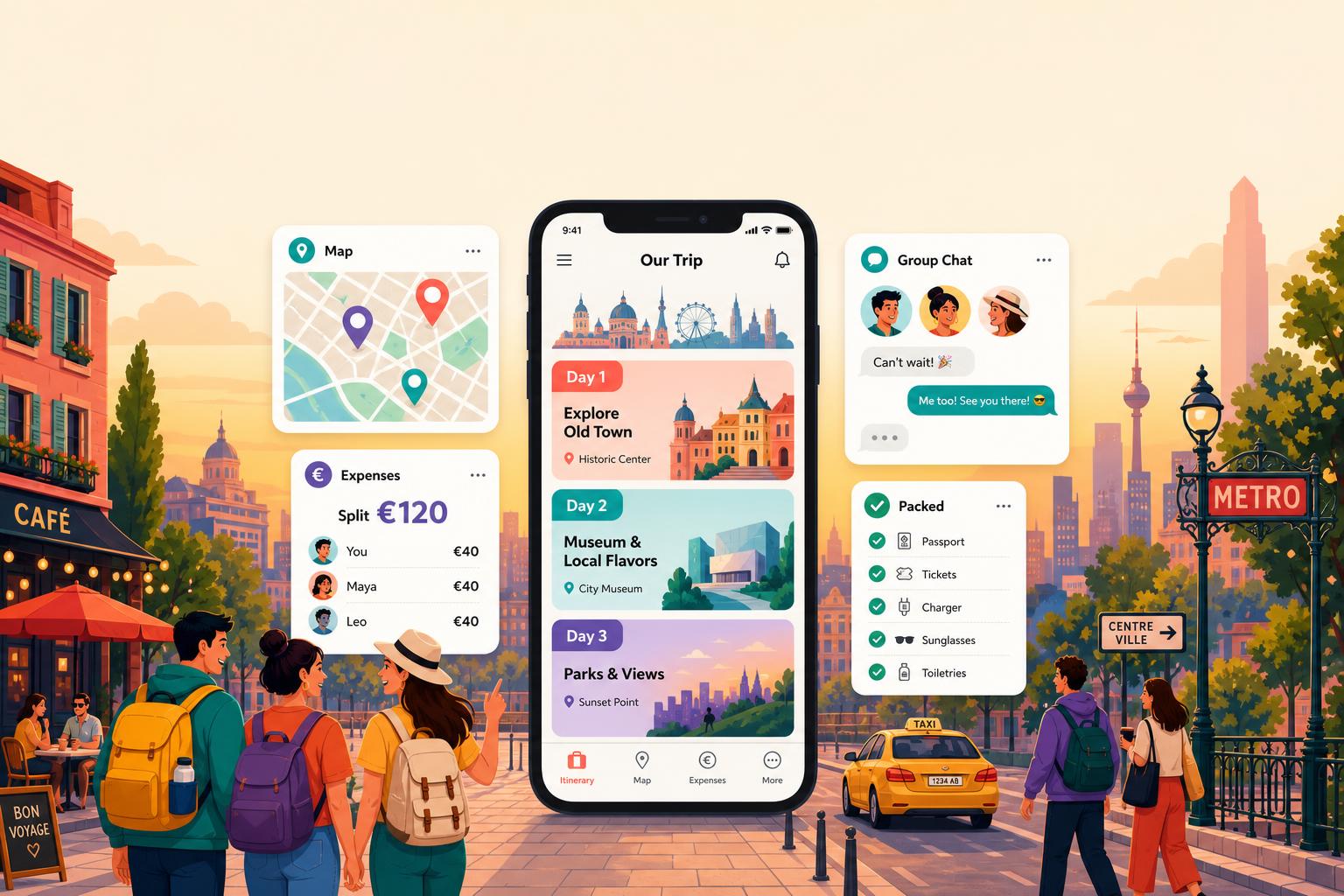 Travel planning workspace with itinerary, map, budget, chat, and checklist visuals